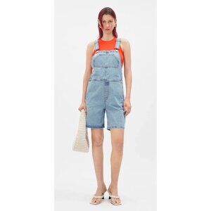 WEEKDAY Dusty Dungaree Denim Overall Shorts Blue Sz 34 NWT Baggy 90s Y2K Grunge